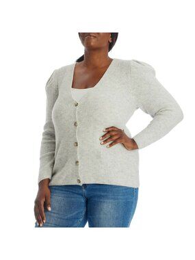 1State Womens Cardigan Sweater Puff Sleeve Ribbed V Neck Gray 1X